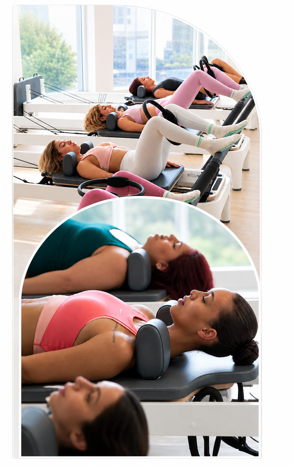 Small-group reformer Pilates class with clients exercising on reformers